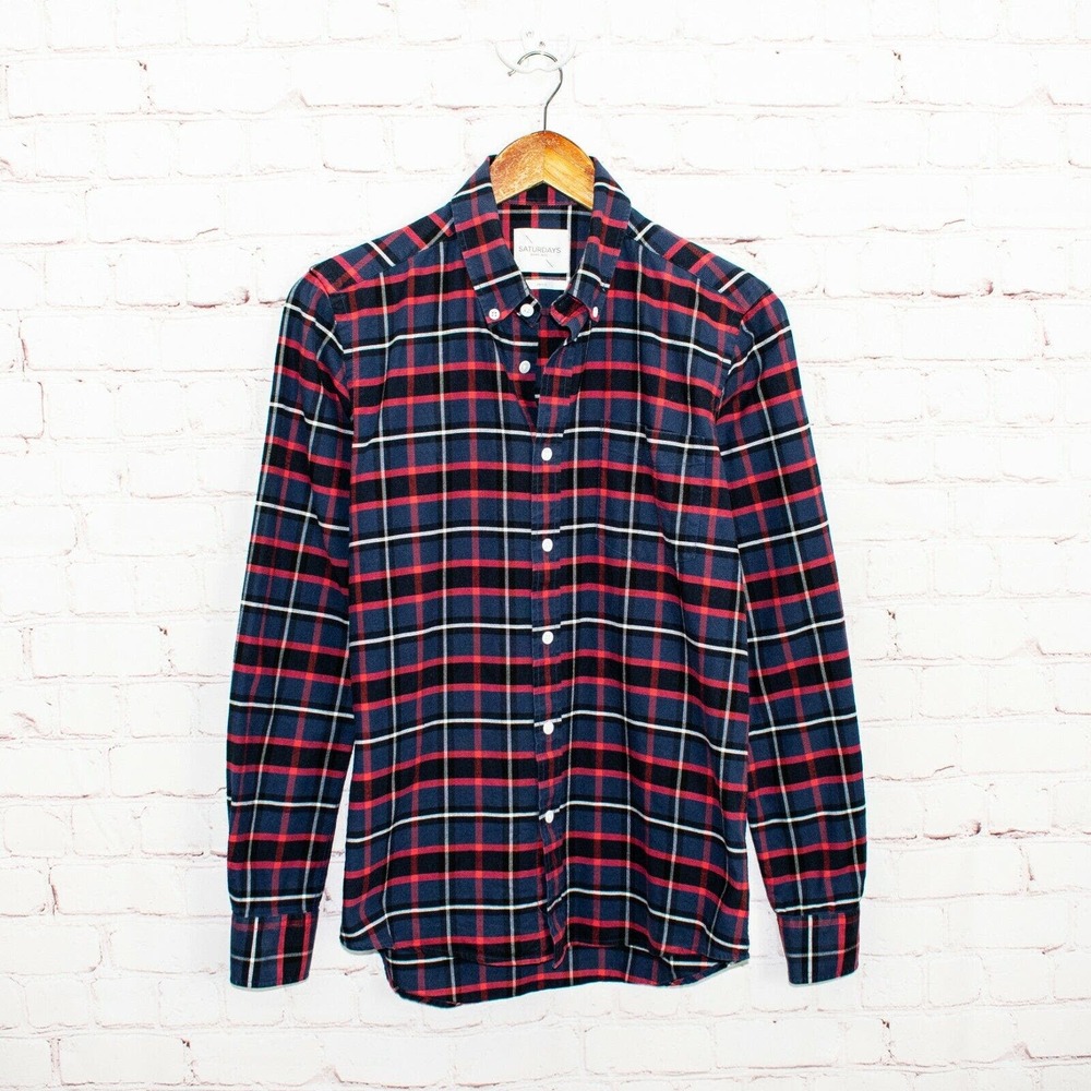 SATURDAYS Surf NYC Button Down Shirt Blue Red Plaid Oxford cotton Men's Small